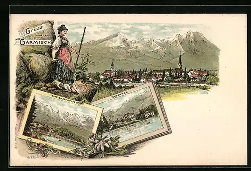 Lithographie Garmisch, Ortsansicht, Badersee, Frau in Tracht