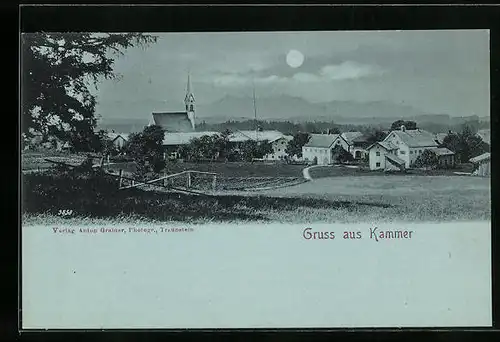 Mondschein-AK Kammer, Ortsansicht mit Kirche