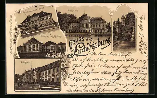 Lithographie Ludwigsburg, Monrepos, Weinhaus Louis Fischer, Schloss