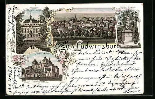 Lithographie Ludwigsburg, Ortsansicht, Schloss-Nordseite, Schloss Favorite
