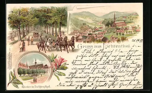Lithographie Lichtenthal, Ortsansicht, Kloster, Strassenpartie mit Kutschen