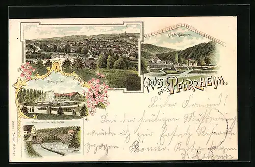 Lithographie Pforzheim, Ortsansicht, Kupferhammer, Stadtgarten