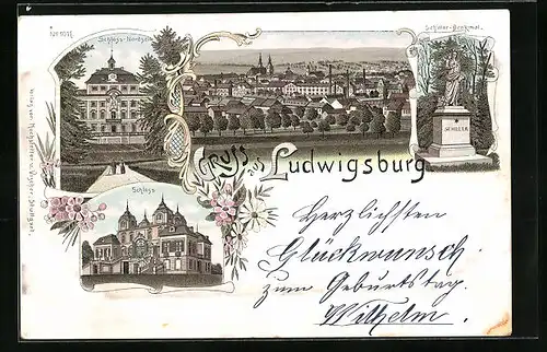 Lithographie Ludwigsburg, Ortsansicht, Schiller-Denkmal, Schloss