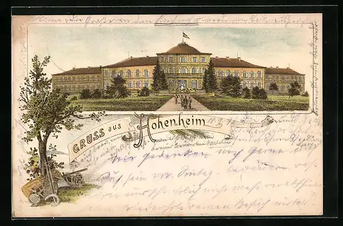 Lithographie Hohenheim, Schloss mit Park, Baum mit Erntewerkzeug