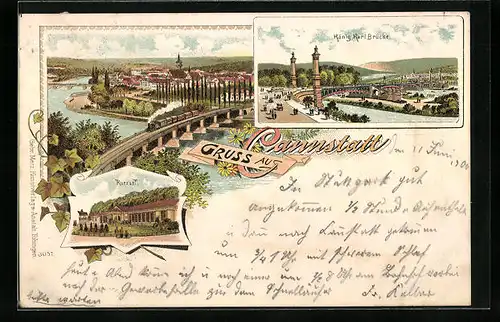 Lithographie Cannstatt, Ortsansicht, König-Karl-Brücke, Kursaal