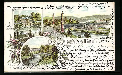 Lithographie Cannstatt, K. Schloss Wilhelma, König-Karls-Brücke