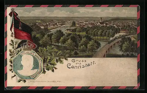 Lithographie Cannstatt, Ortsansicht, Porträt Wilhelm II. König von Württemberg, Flagge