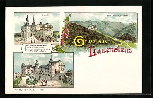 Lithographie Lauenstein, Schlosstor, Schloss Lauenstein gegen Südwest