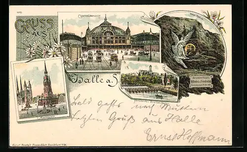 Lithographie Halle /Saale, Centralbahnhof, Marktplatz, Kaiser-Denkmal