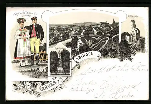 Lithographie Tübingen, Ortsansicht, Lichtenstein, Schwäbische Volkstrachten