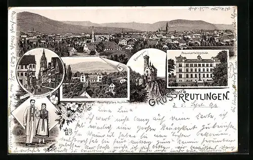 Lithographie Reutlingen, Ortsansicht, Lichtenstein, Frauenarbeitsschule