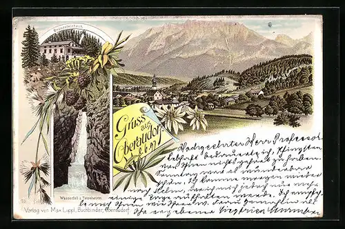 Lithographie Oberaudorf, Ortsansicht, Brünnsteinhaus, Wasserfall am Tatzelwurm