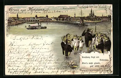 Lithographie Konstanz, Ortsansicht vom Bodensee aus, Karikatur Froschorchester