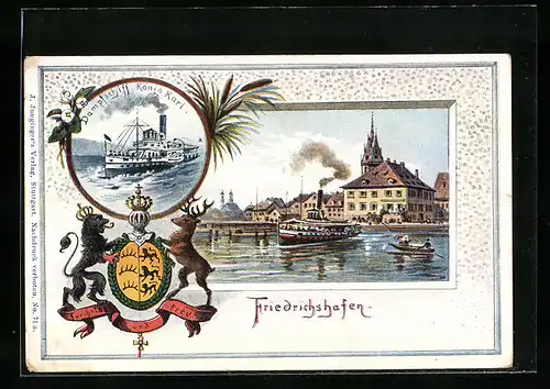 Passepartout-Lithographie Friedrichshafen, Ortsansicht vom Wasser, Dampfschiff König Karl, Wappen