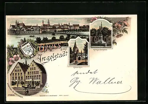 Lithographie Ingolstadt, Panorama der Stadt, Kriegerdenkmal, Hotel Baeren