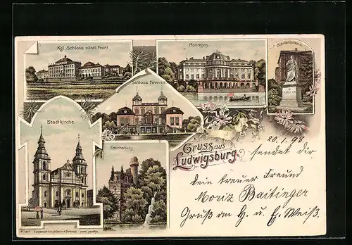 Lithographie Ludwigsburg, Schloss, Monrepos., Schillerdenkmal