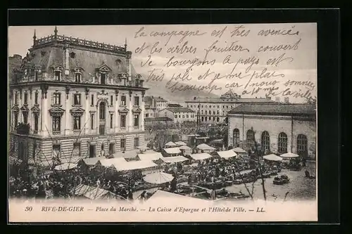 AK Rive-de-Gier, Place du Marché, La Caisse d`Epargne et l`Hotel de Ville