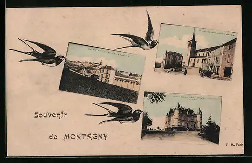 AK Montagny, Place de la Mairie, Le Chateau, Vue générale