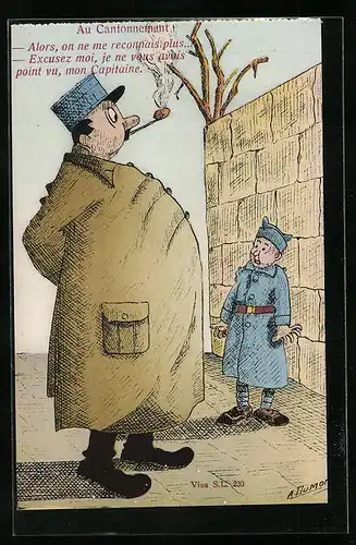 Künstler-AK sign. A. Dumont: Untergebener Soldat spricht mit seinem Vorgesetzten Au Cantonnement!