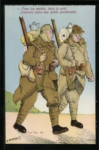 Künstler-AK sign. A. Dumont: Soldaten mit Gewehr und Tornister unterwegs auf der Landstrasse