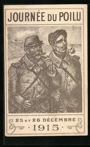 AK Journée du Poilu, Zwei Soldaten mit Pfeife und Rose im Mund, 1915, Propaganda