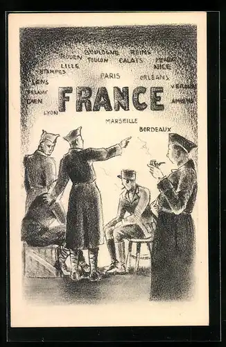 AK Soldaten bei einer Besprechung, Frankreich und seine Städte, Propaganda