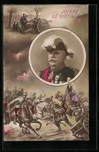 AK General Joffre im Porträt, Französische Soldaten in der Schlacht