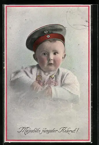 AK Kleinkind mit Krätzchen, Majestäts jüngster Rekrut! Kinder Kriegspropaganda