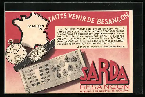 AK Besancon, Fabrique d`Horlogerie de Précision SARDA, Uhren und Verkaufskatalog, Reklame