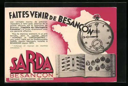 AK Besancon, Fabrique d`Horlogerie de Précision SARDA, Uhr und Verkaufskatalog, Reklame