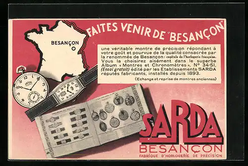 AK Besancon, Fabrique d`Horlogerie de Précison SARDA, Uhren und Verkaufskatalog, Reklame