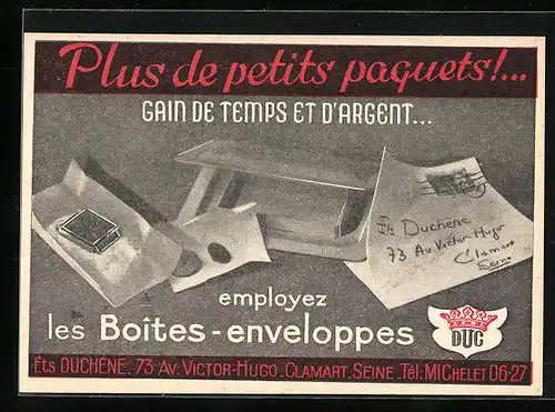 AK Clamart, Etablissements Duchène, 73, Av.Victor-Hugo, Reklame für les Boites-enveloppes, Uhr wird versandt