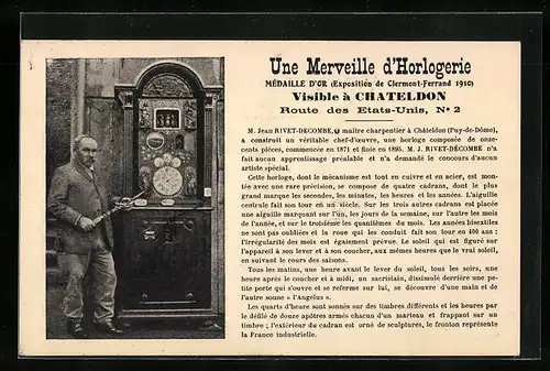 AK Chateldon, M. Jean Rivet-Decombre avec sa merveille d`Horlogerie, Mann präsentiert seine Standuhr