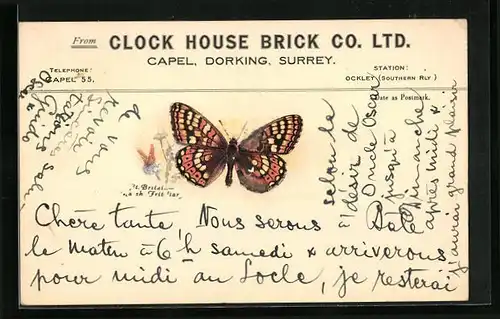 AK Capel / Surrey, Clock House Brick Co. Ltd., Schmetterling, Reklame für Uhren