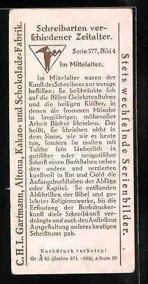 Sammelbild Gartmann Schokolade, Serie 577, Bild 4, Schreibarten verschiedener Zeitalter, im Mittelalter