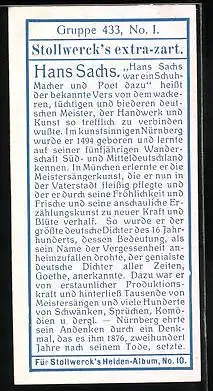 Sammelbild Stollwerck Schokolade, Gruppe 433, No. I., Poet und Schuhmacher Hans Sachs