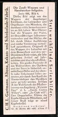 Sammelbild Gartmann's Chocolade, Serie 484, Bild 4, Die Zunft-Wappen und Handwerker-Insignien