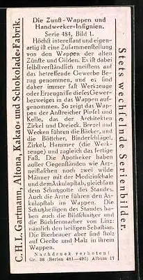 Sammelbild Gartmann's Chocolade, Serie 484, Bild 1, Die Zunft-Wappen und Handwerker-Insignien