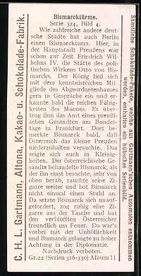 Sammelbild Gartmann's Chocolade, Serie 324, Bild 4, Bismarcktürme, Berlin