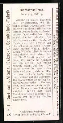 Sammelbild Gartmann's Chocolade, Serie 324, Bild 5, Bismarcktürme, Friedrichsruh