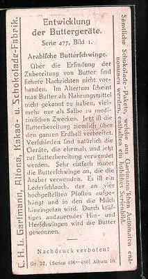 Sammelbild Gartmann Chocolade, Serie 477, Bild 1, Entwicklung der Buttergeräte, Arabische Butterschwinge