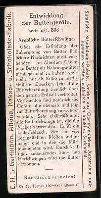 Sammelbild Gartmann Chocolade, Serie 477, Bild 1, Entwicklung der Buttergeräte, Arabsiche Butterschwinge