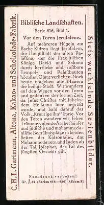 Sammelbild Gartmann Chocolade, Serie 616, Bild 1, Biblische Landschaften, Vor den Toren Jerusalems