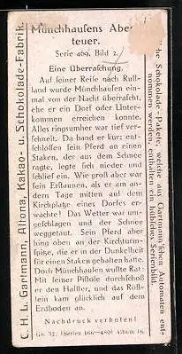 Sammelbild Gartmann Schokolade, Serie 469, Bild 2, Münchhausens Abenteuer, eine Überraschung