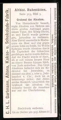 Sammelbild Gartmann Schokolade, Serie 313, Bild 3, Althistorische Ruhestätten, Grabmal des Absalom