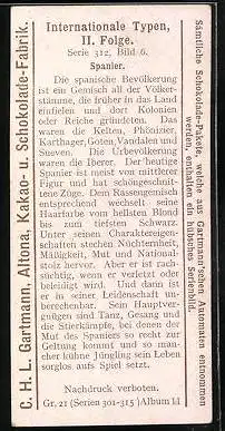 Sammelbild Gartmann Schokolade, Serie 312, Bild 6, Internationale Typen, II. Folge, Spanier