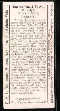 Sammelbild Gartmann Schokolade, Serie 312, Bild 1, Internationale Typen, II. Folge, Italienerin