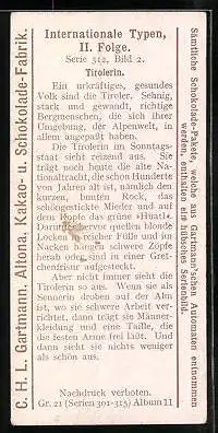 Sammelbild Gartmann Schokolade, Serie 312, Bild 2, Internationale Typen, II. Folge, Tirolerin