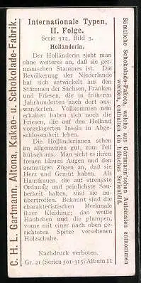 Sammelbild Gartmann Schokolade, Serie 312, Bild 3, Internationale Typen, II. Folge, Holländerin