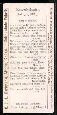 Sammelbild Gartmann Schokolade, Serie 311, Bild 3, Kasperletheater, Kasper studiert